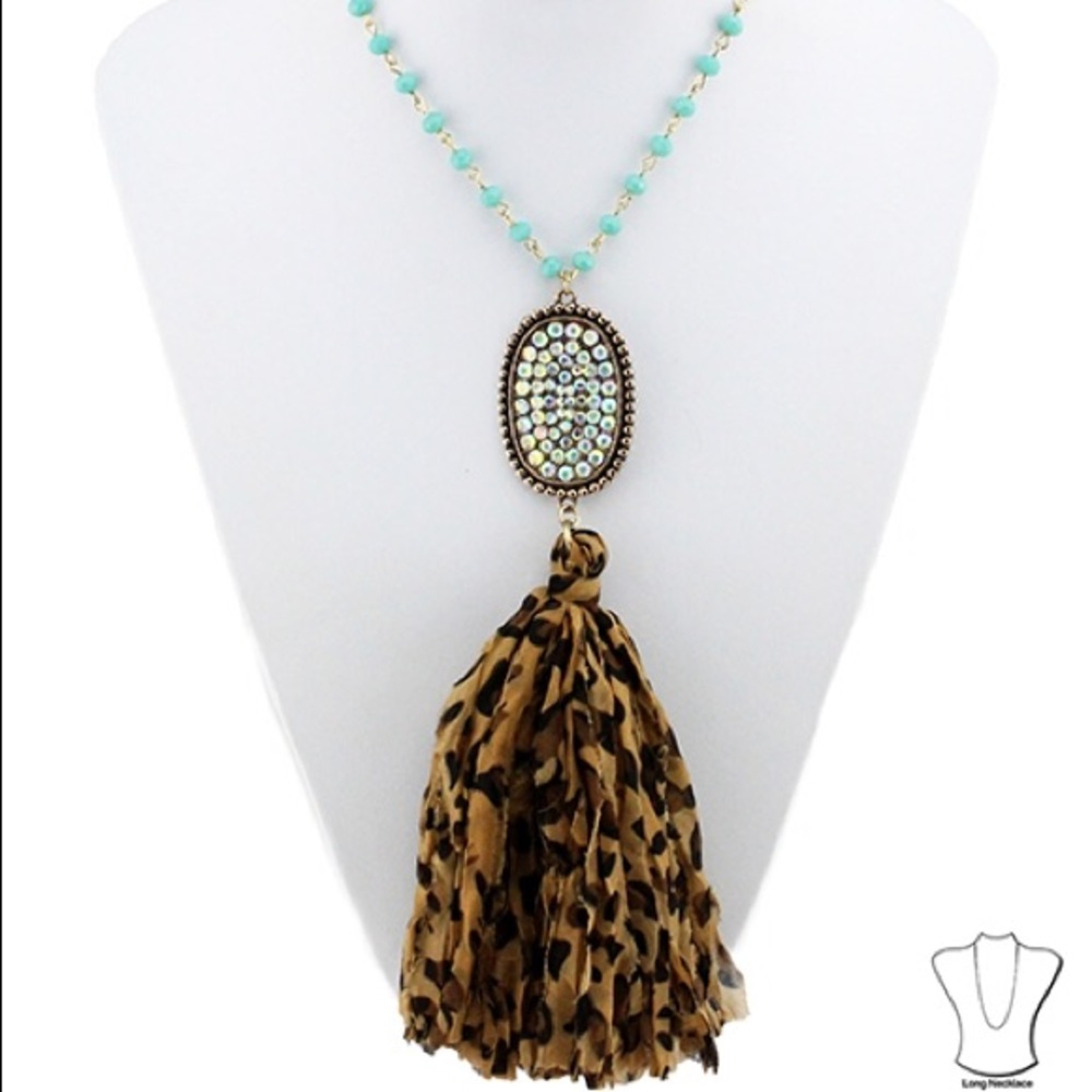 Turquoise Leopard Fabric Tassel Necklace